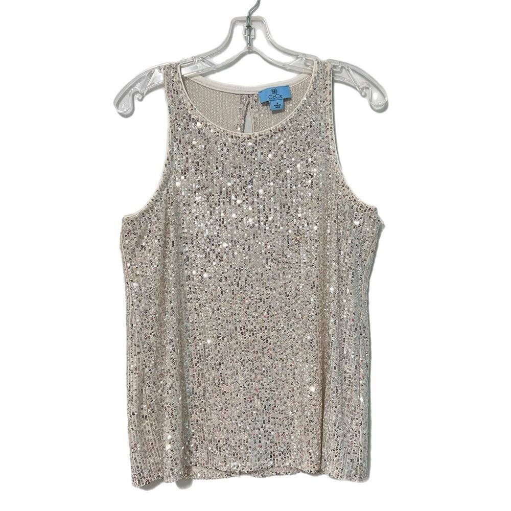 Cece Silver Sequined Tank Top Swing Blouse Size Small Sleeveless Going Out Party